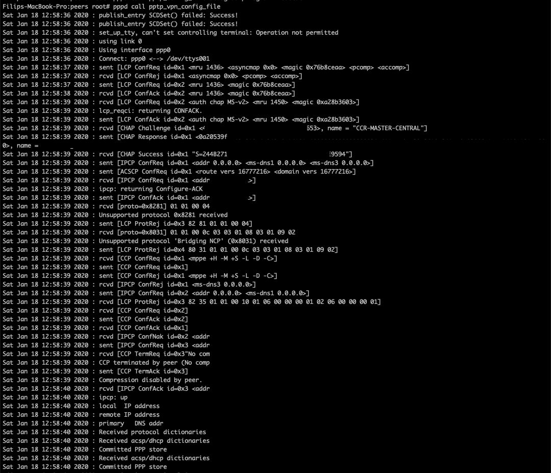 Mac OS X Catalina connected to PPTP VPN terminal log