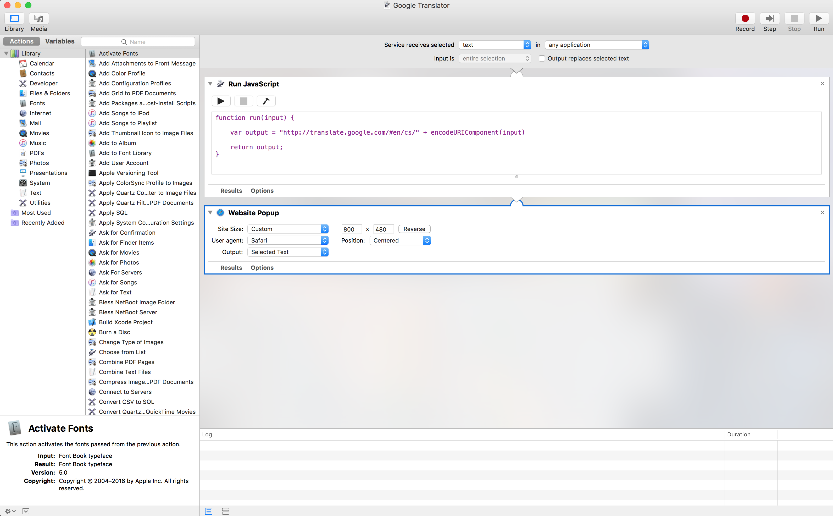 Fig 3.: Automator Window With Javascript Code