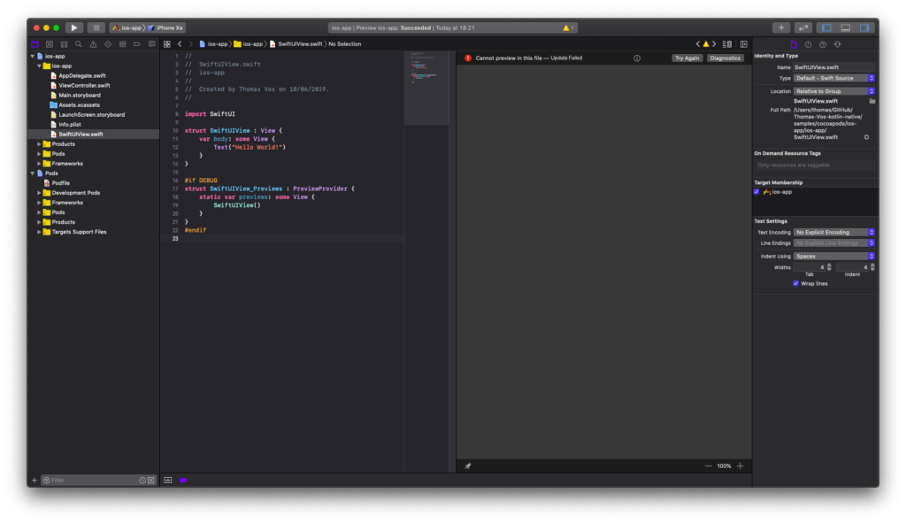 Xcode: Cannot preview in this file — Update failed
